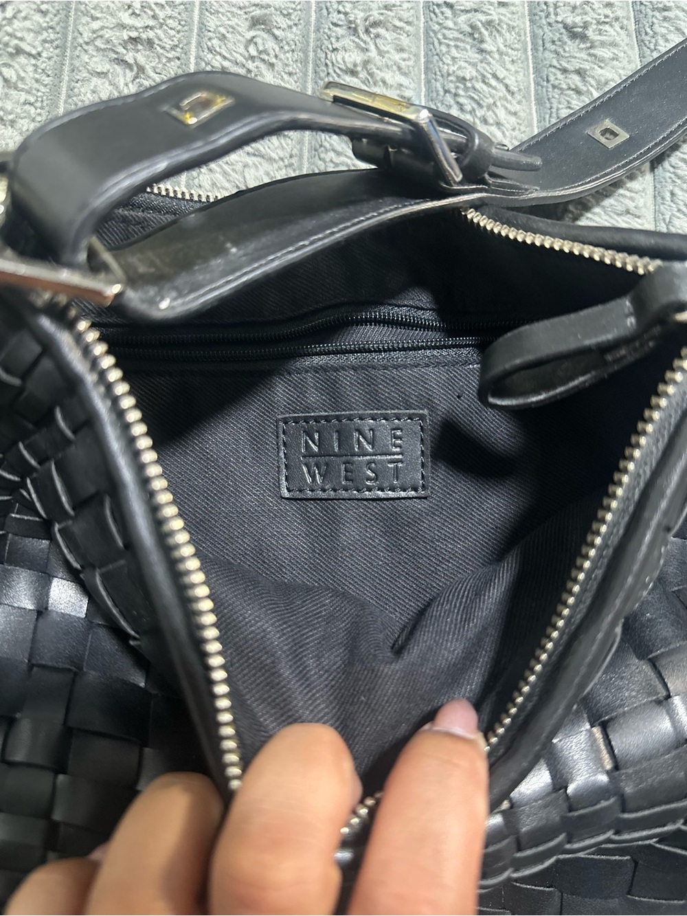Nine West Black Woven Shoulder Bag with Silver Hardware